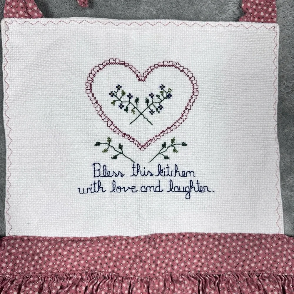 Pink Polka Dot Full Bib Apron Ruffle Trim Embroidered Heart Country‎ Kitchen